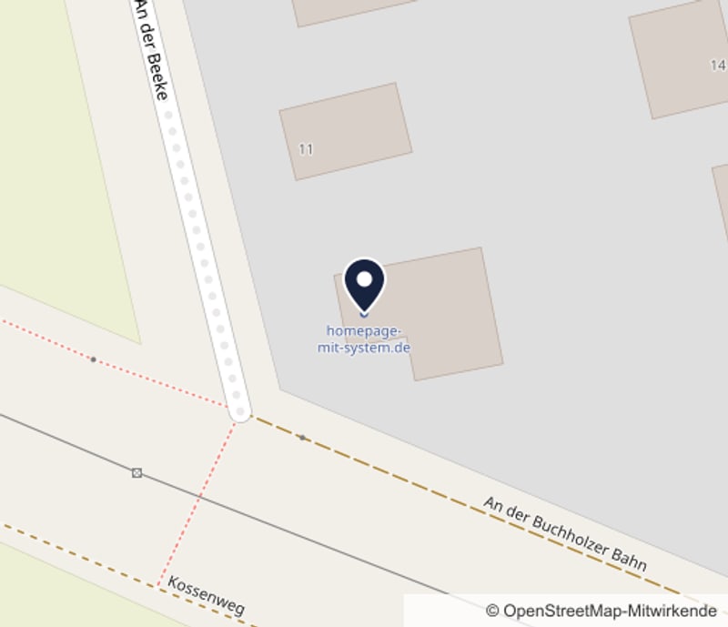 OpenStreetMap-Kartenausschnitt mit dem Standort von homepage-mit-system.de an der Beeke 13 in Lüneburg – ein Pin markiert die Adresse